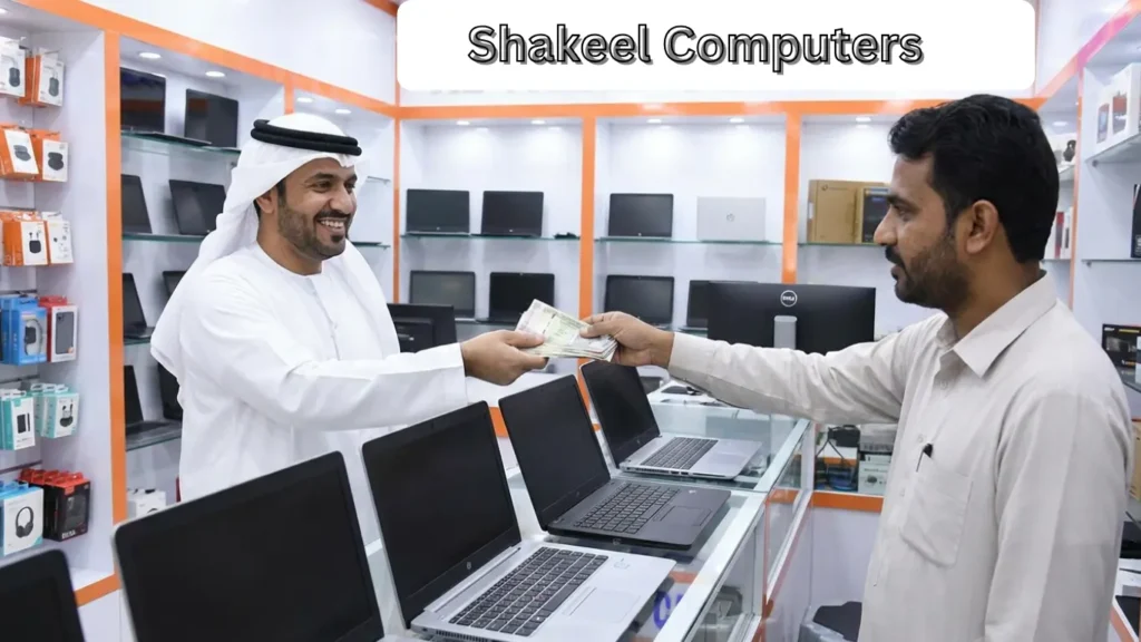 Happy customer selling laptop in shop in Dubai